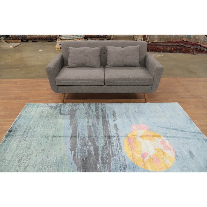 Hand Knotted Oriental Viscose Silk Carpet Modern Pictorial Navy Blue & Blues Abstract Area Rug - 8' 0'' X 5' 0''
