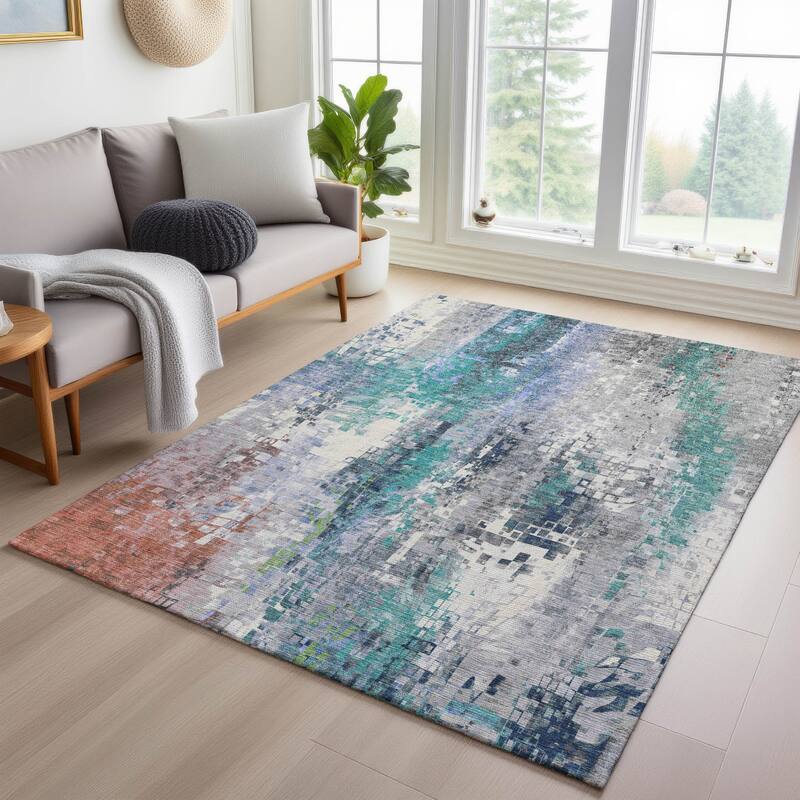 Machine Washable Indoor/ Outdoor Abstract Pixels Chantille Rug