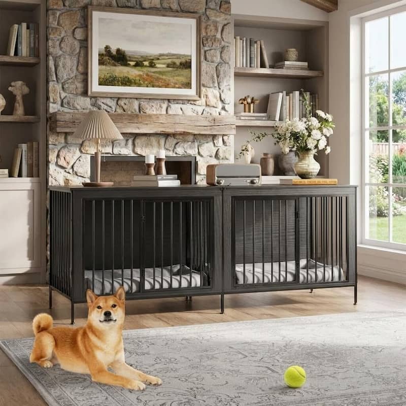 79" Heavy Duty Double Dog Crate Furniture for Medium/ Large Dogs - Black