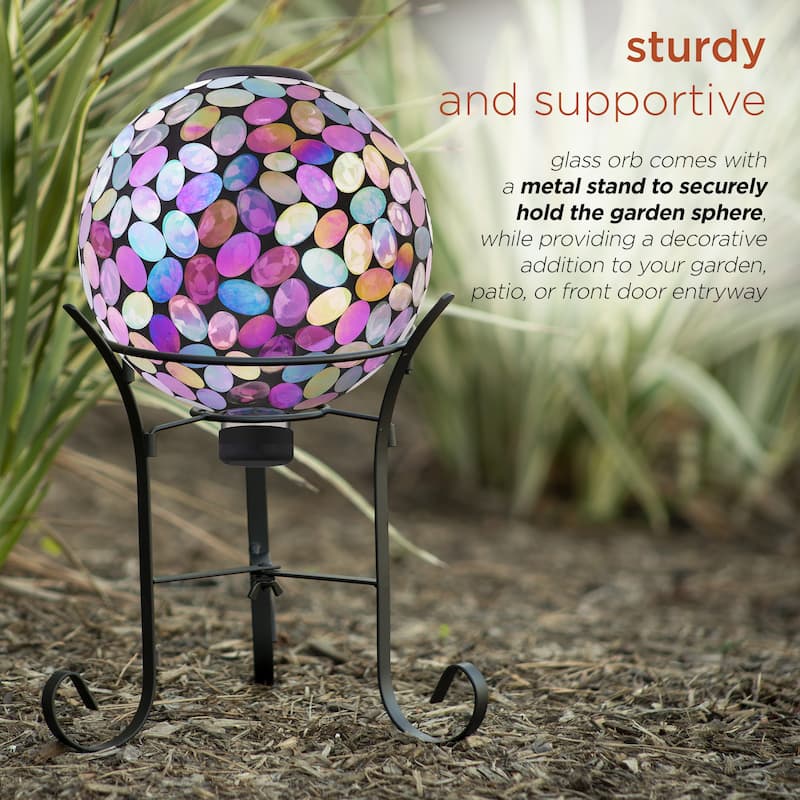 Alpine Corporation Outdoor Solar Powered Pink Glass Mosaic Gazing Globe with LED Lights and Metal Stand, Violet