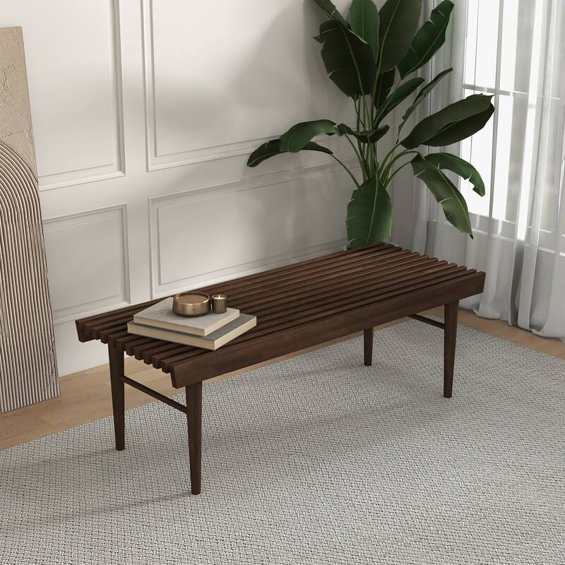 Silvie Mid-Century Solid Wood Upholstered Bench in Brown - Brown