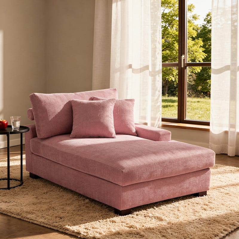 Modern Corduroy Indoor Chaise Lounge Couch with Pillows - Left Facing - Pink/Left