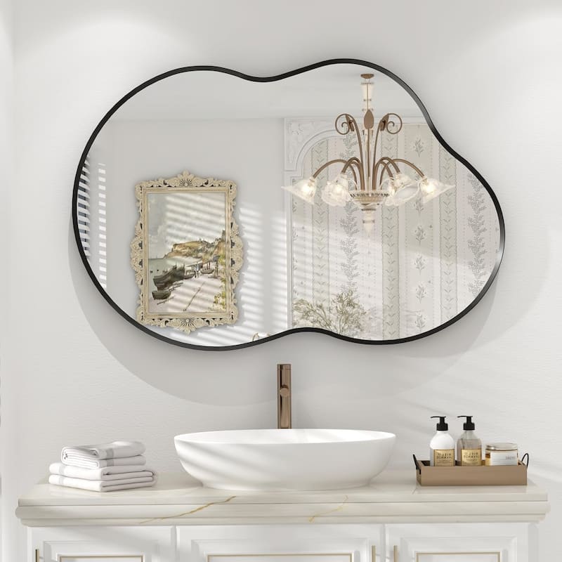Asymmetrical Cloud High-Strength Aluminum Alloy Framed Easy French Mounted Wall Mirror - 36" x 24" - Black