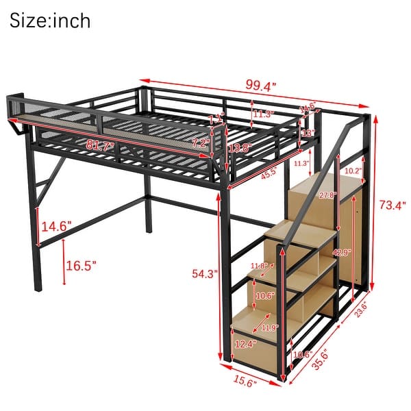 dimension image slide 5 of 10, Metal Loft Bed with Wooden Stairs Built-in Storage Shelves and Wardrobe, High Loft Bed Frame with Side Grid Storage Rack