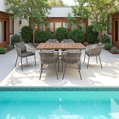 7-Piece Outdoor Dining Set with Cushions and Adjustable, Acacia Wood Tabletop and Metal Frame
