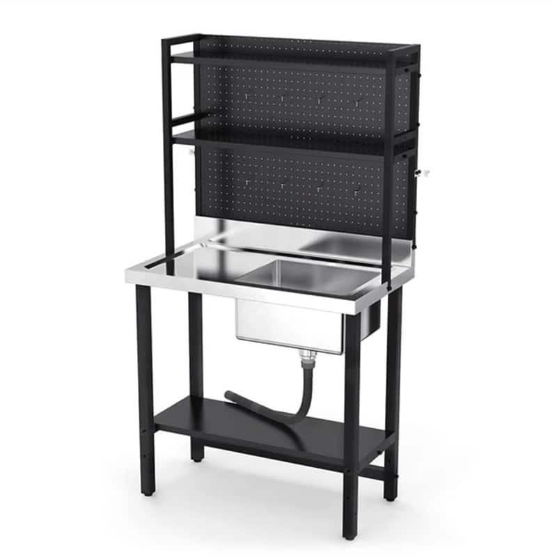 Single Bowl 304 Stainless Steel Sink Kitchen with Drainboard & Shelves - Black