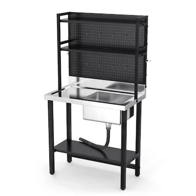 Single Bowl 304 Stainless Steel Sink Kitchen with Drainboard & Shelves