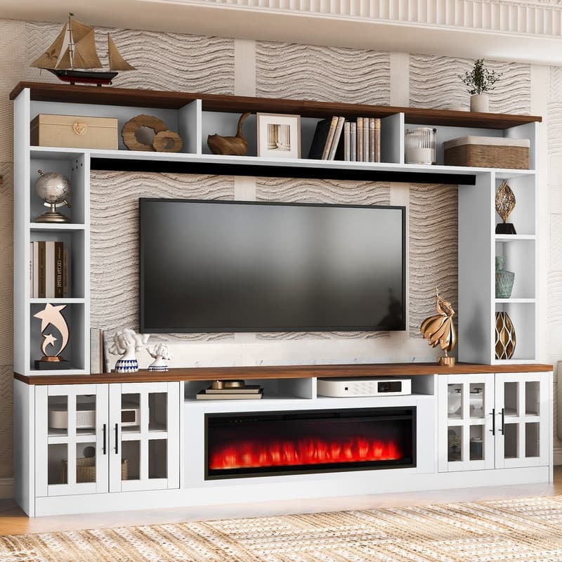 Modern 95.5" Wall Unit Entertainment Center with Bookshelves for TVs up to 80" with Electric Fireplace and Adjustable Shelves