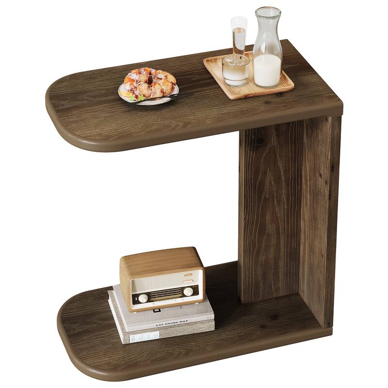 Solid Wood C-Shaped End Table, Sofa Couch Side Snack Accent Table, Living Room Bedroom Couch Table