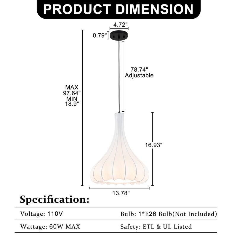 White Fluted Bell Fabric Pendant Light for Bedroom & Living Room - Dia.13.78-in