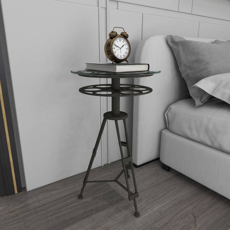 Black Metal Film Reel Accent Table with Tripod Legs and Glass Top