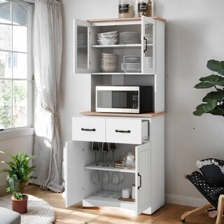 Wooden Kitchen Cabinet White Pantry with Glass Doors, Adjustable Shelves, 2 Drawers, and Open Countertop