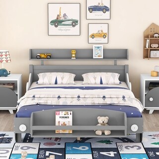 Wooden Full Size Kids Bed Car-Shaped Platform Bed with Storage Shelf, Grey