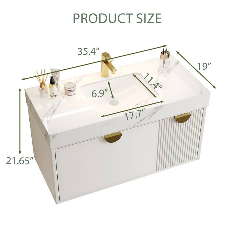 36" Single Bathroom Vanities with Sintered StoneTop, Wall Mount Vanities with Ample Storage