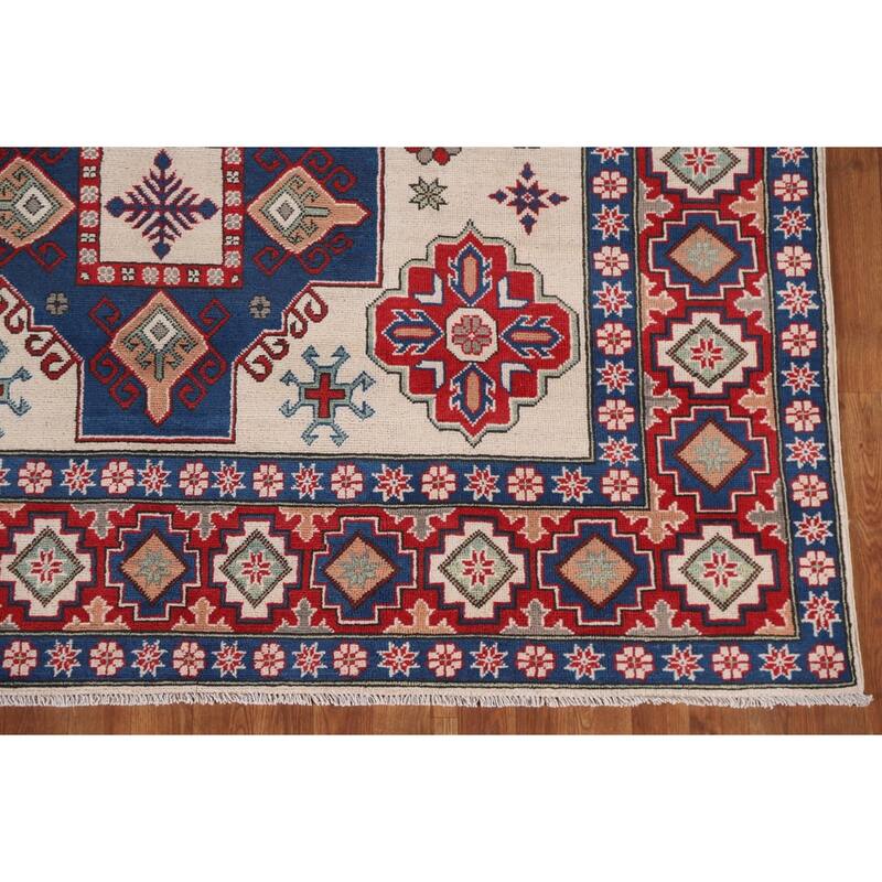 Hand Knotted Oriental 100% Wool Carpet Traditional Geometric Beige & Ivories Kazak Area Rug - 9' 7'' X 6' 7''