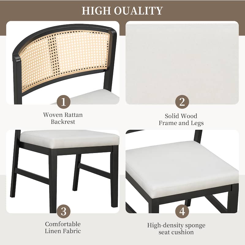 Rattan Dining Chairs Set of 2, Armless Dining Chairs Upholstered Kitchen Side Chairs with Curved Rattan Back, Hardwood Frame