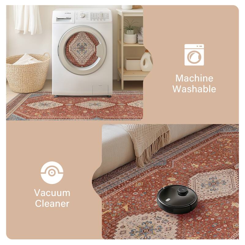 Mcow Faded Floral Vintage Low-Pile Machine Washable Non-Slip Area Rug