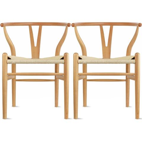 Set of 2 Natural Modern Wood Dining Chair With Back Y Arm Armchair Hemp Seat Home Restaurant Office Desk Work Kitchen