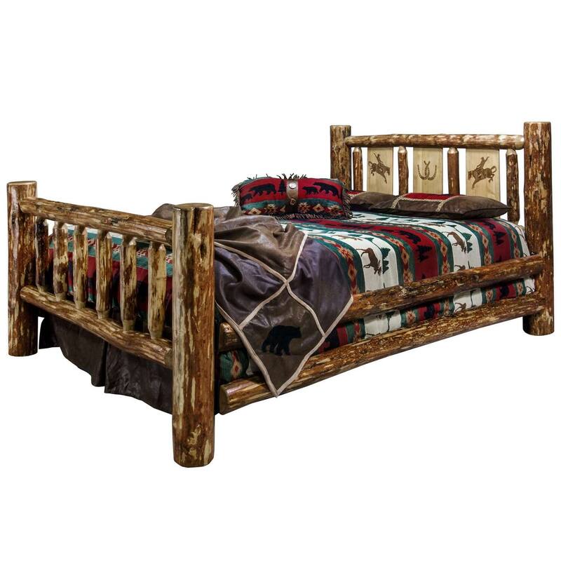 Rustic Bed with Bronc Design - Log Bed Frame - Country Style Bed - 94" x 66" - Solid Wood Bed