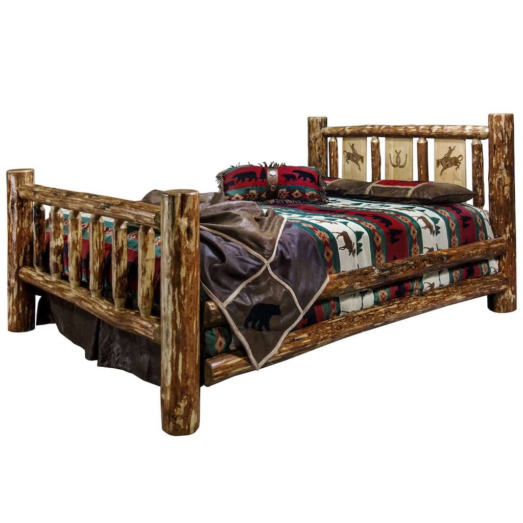 Rustic Bed with Bronc Design - Log Bed Frame - Country Style Bed - 94" x 66" - Solid Wood Bed