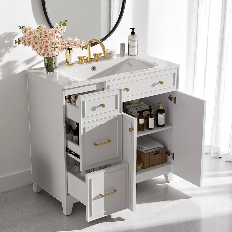 36" Bathroom Vanity with Ceramic Sink, Soft Close Doors, Double-Layer Drawers, Adjustable Shelf, Modern Storage Cabinet