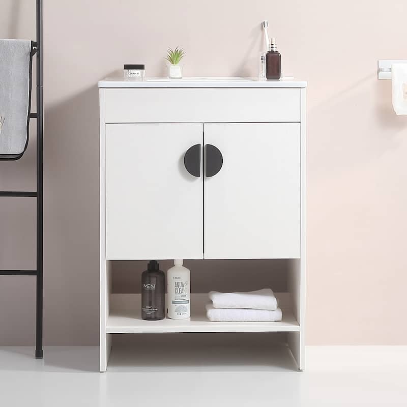 24 in. W x 19 in. D x 33 in. H Bathroom Vanity with White Ceramic Basin,Two Cabinet Doors,Excluding faucets - White