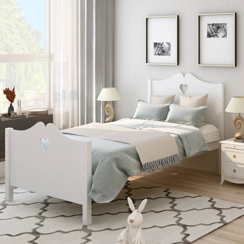 80" Frame Twin Platform Bed with Heart Shaped Headboard and Footboard Simple and Cute - White