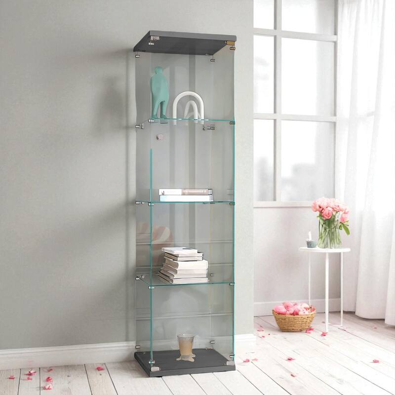 64" Lighted Glass Display Cabinet with One Door, 4 Shelves Tempered Glass Showcase Storage