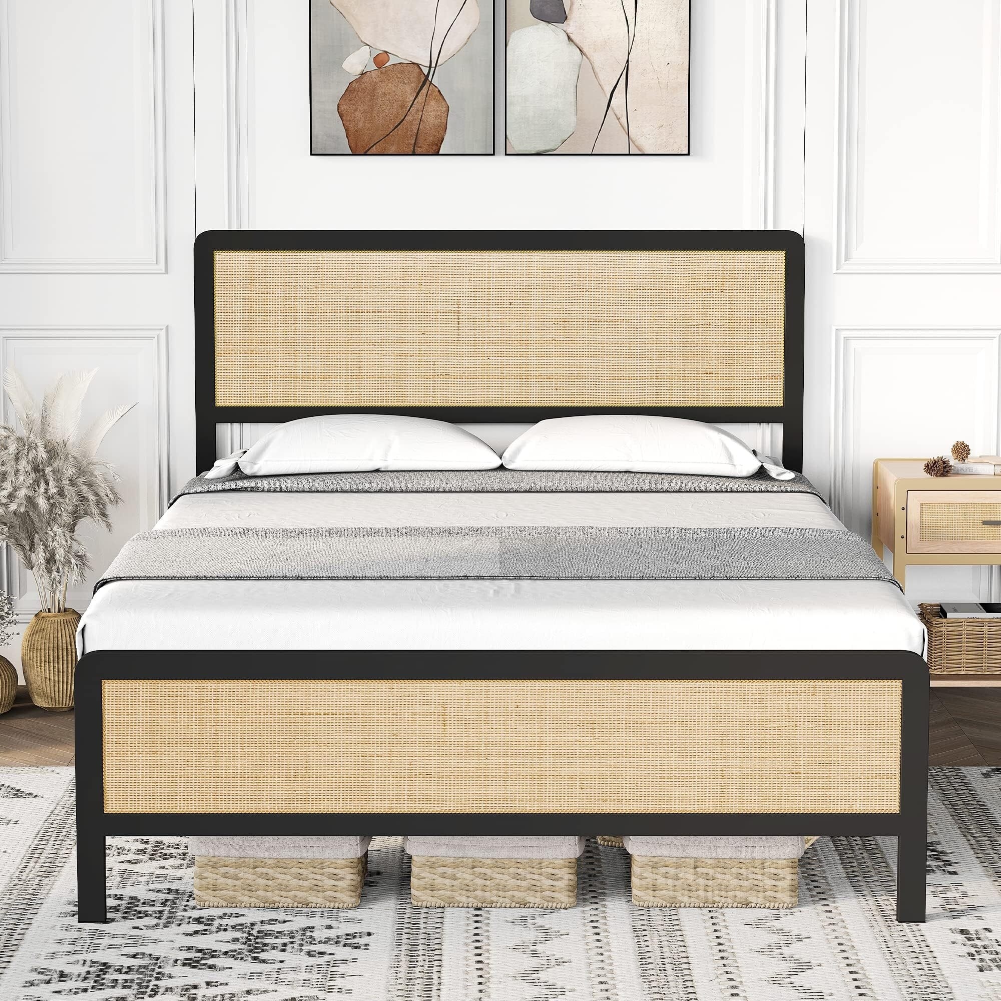 Boho Style Bed Frame with Rattan Headboard