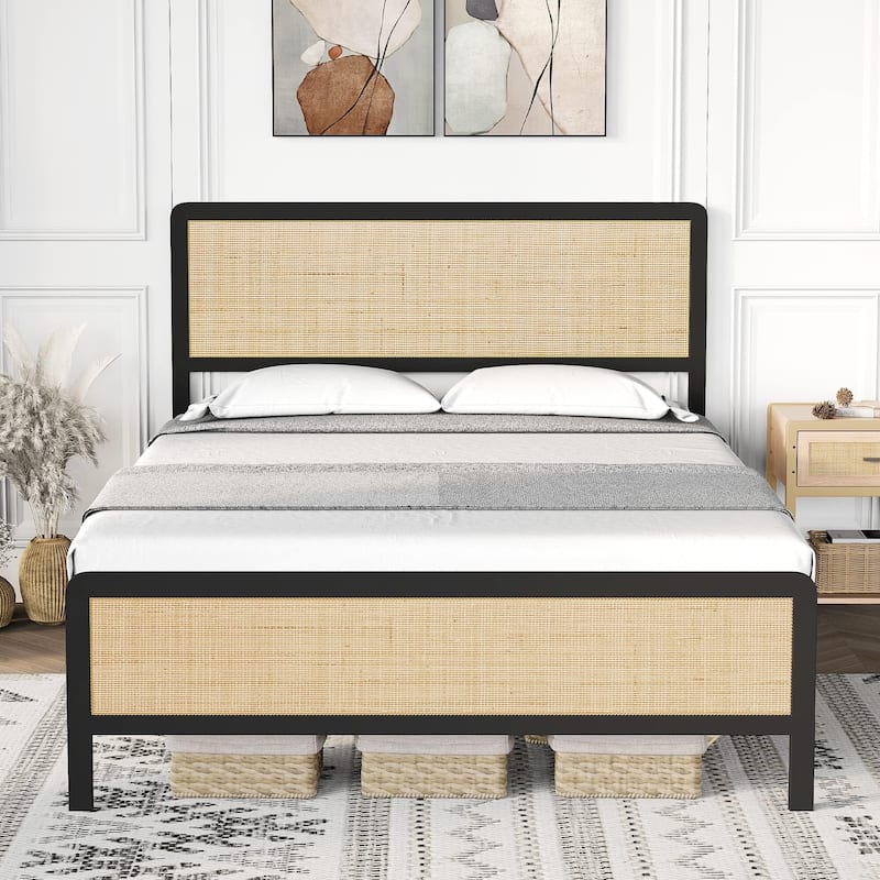 Boho Style Bed Frame with Rattan Headboard - Ivory - Full