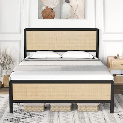 Boho Style Bed Frame with Rattan Headboard