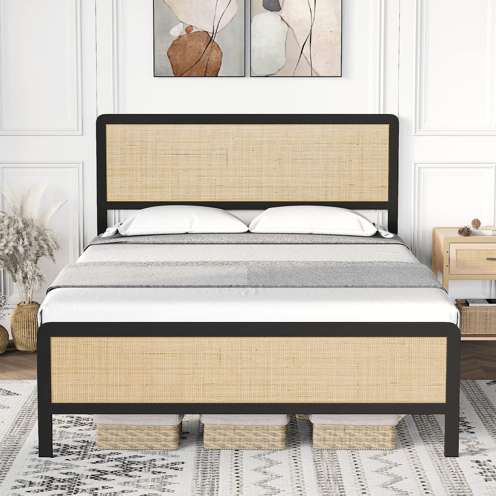 Boho Style Bed Frame with Rattan Headboard