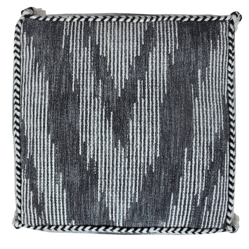 18 Inch Grey Pouf Ottoman with Striped Cotton Upholstery for Modern Spaces