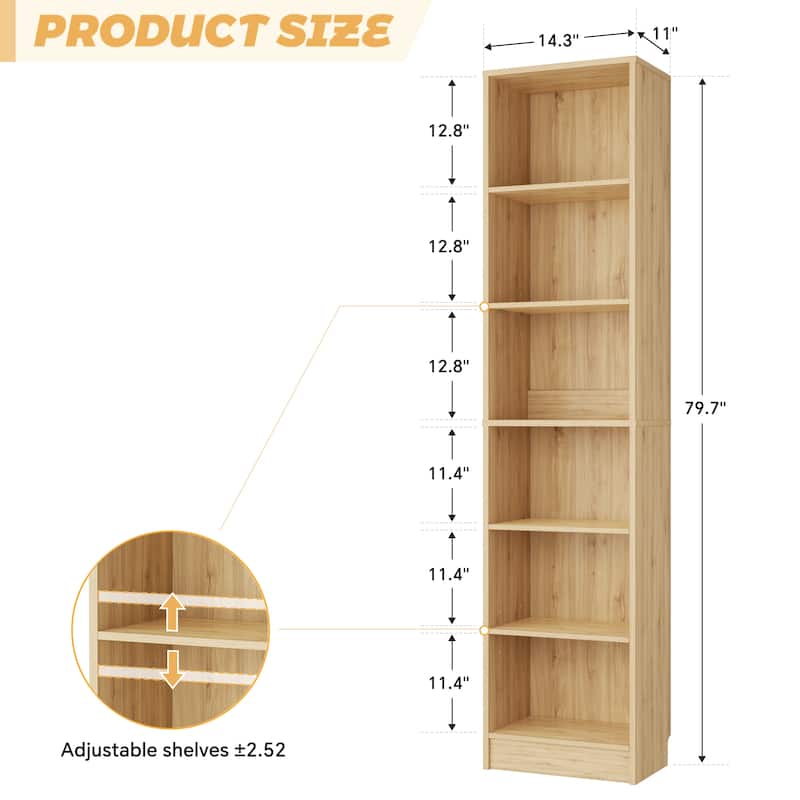 80"H Tall 6-Tier Bookcase With 2 Adjustable Shelves，Modern Open Storage Shelf for Home Office and Bedroom