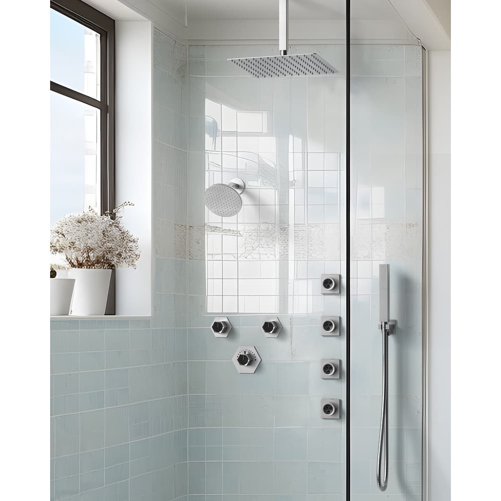GRANDJOY Dual Shower Heads 12" Ceiling and 6" Wall Mount Body Jets Handheld Shower Spray Rainfall Shower Faucet Set