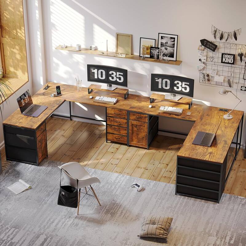 L Shaped Computer Desk 5 fabric Drawers Gaming Desk Storage Shelf