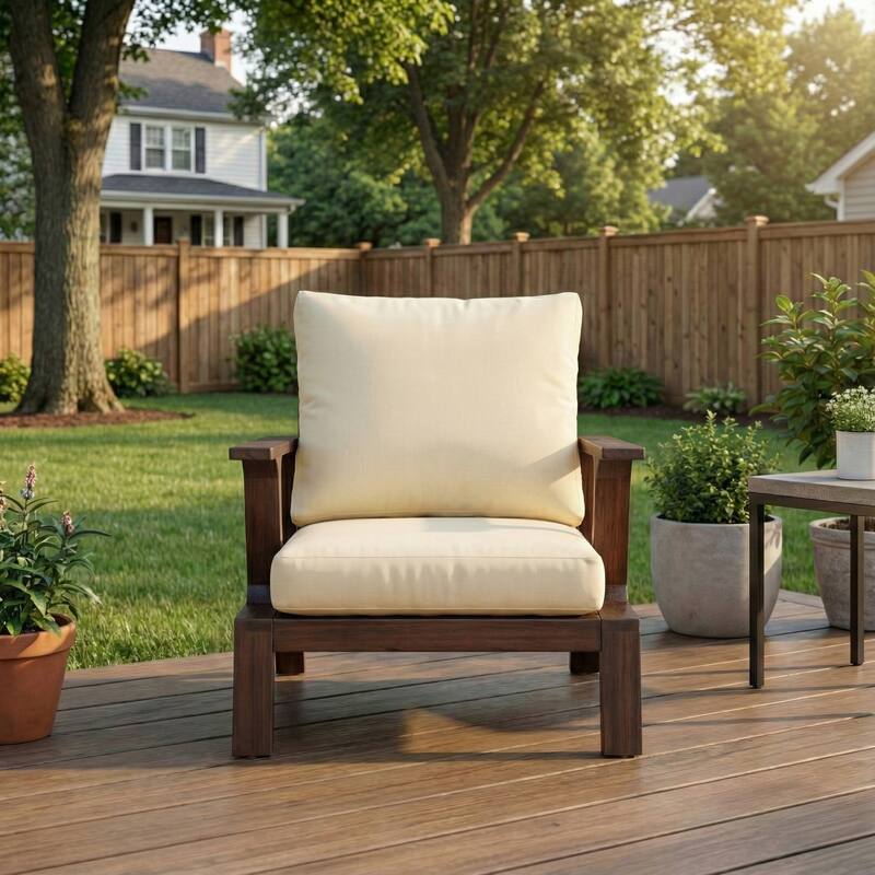 Roomfitters Patio Accent Chair, Solid Acacia Wood Outdoor Lounge Seat with Water-Resistant Cushions - Beige, Dark Brown
