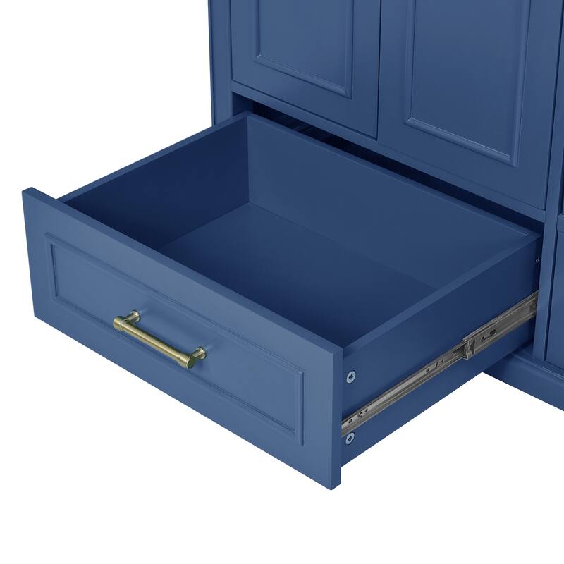Traditional Bathroom Vanity with Ceramics Sink, Freestanding Cabinet with 3 Side Drawers, Bottom Drawer and 2 Soft Close Doors