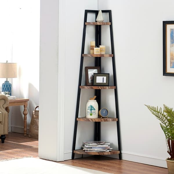 slide 1 of 16, Danya B. Free-Standing 5-Tier Pyramid Industrial Corner Shelf Black/Brown
