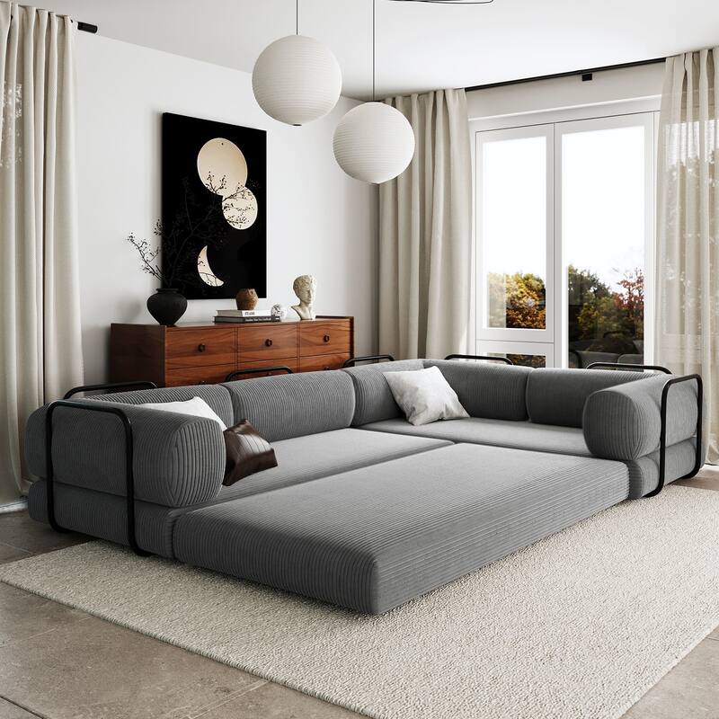 107" L-Shaped Convertible Modular Sofa with Iron Frame Support, Corduroy Upholstered Sectional Sleeper Couch for Living Room