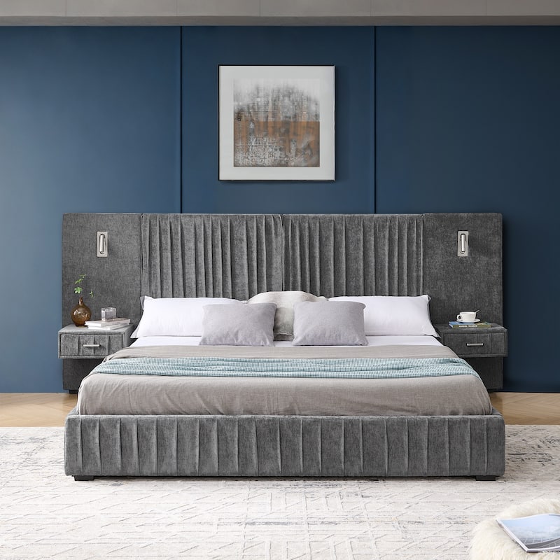 Chenille Upholstered Pleated Platform Bed Frame Wingback Headboard with Side Tables and Adjustable Lamps