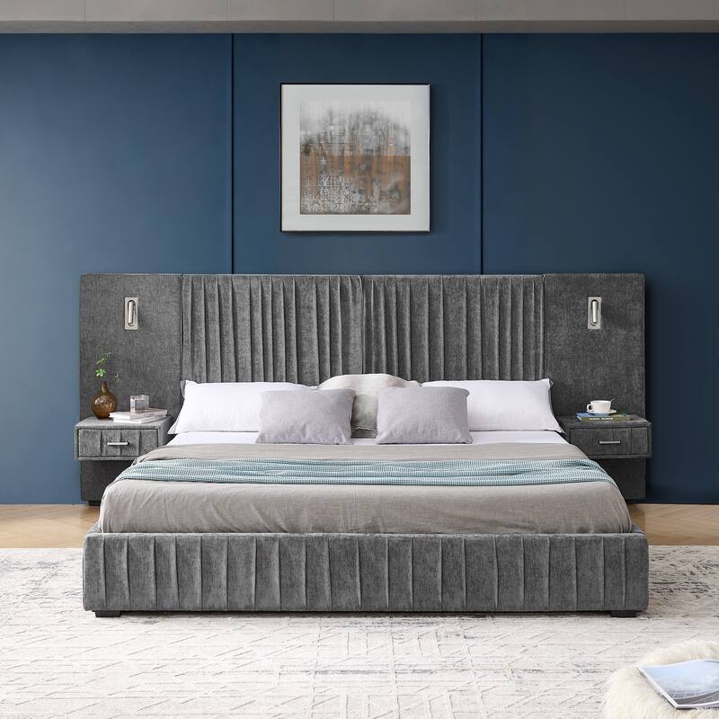 Roomfitters King Upholstered Chenille Platform Bed with Pleated Headboard and Built-In Bedside Tables, Solid Frame