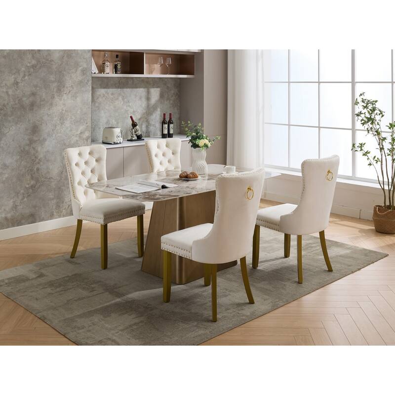 Nikki Collection Modern, Contemporary Velvet Upholstered Dining Chair with golden Wood Legs Nailhead Trim 2-Pcs Set