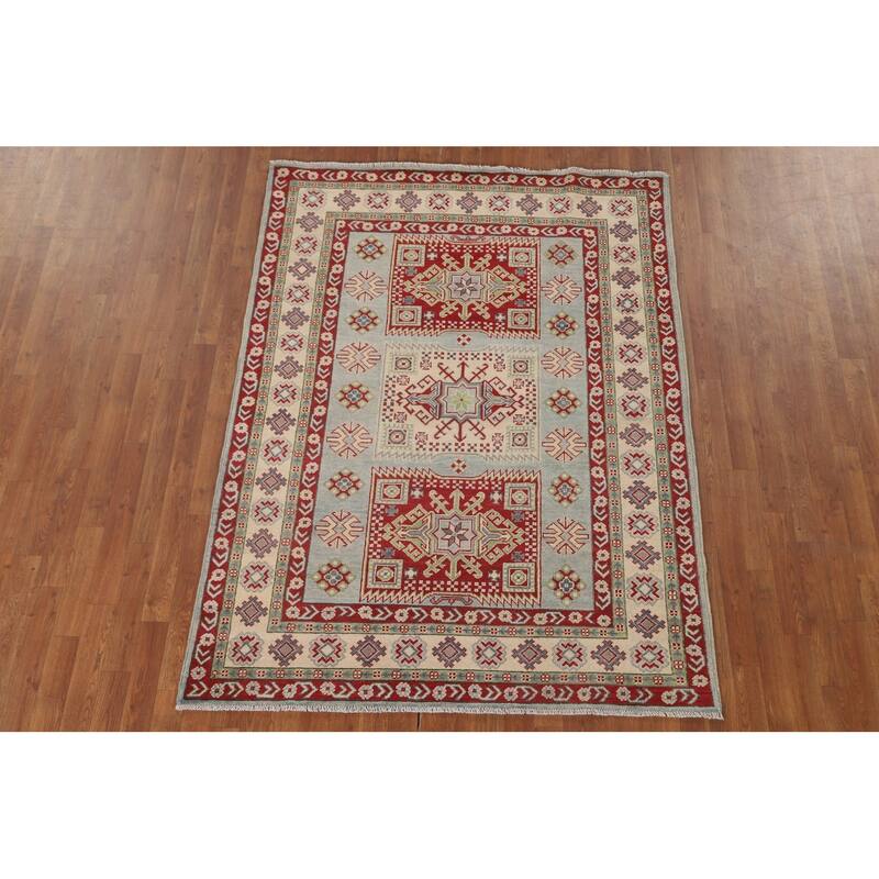 Geometric Kazak Area Rug Bedroom Handmade Wool Carpet - 5'1" x 6'10"