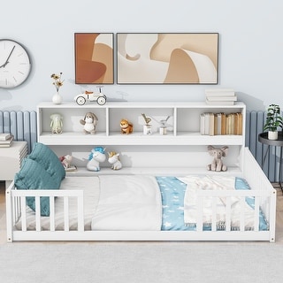Full Size Pine Wood Floor Bed with Bookcase and Guardrails