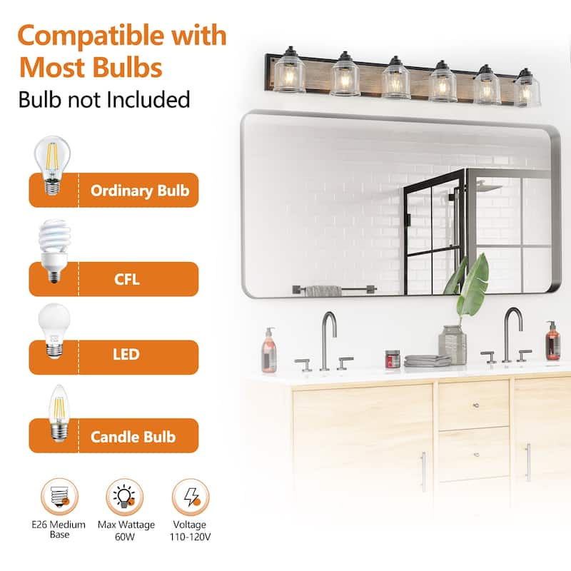 49" Farmhouse Vanity Light Fixture, 6-Light Bathroom Wall Sconce with Clear Seeded Glass Shades, Black and Wood Grain Finish