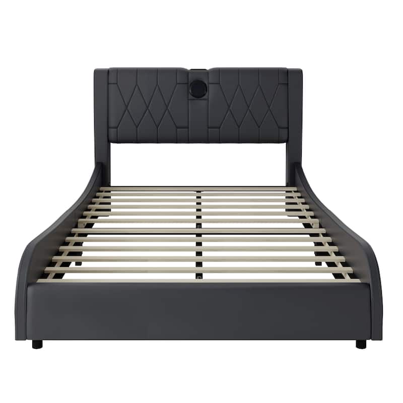 Full Size Luxurious Faux Leather Upholstered Platform Bed w/ Thickened Headboard, Bluetooth Speakers and RGB LED Light, White