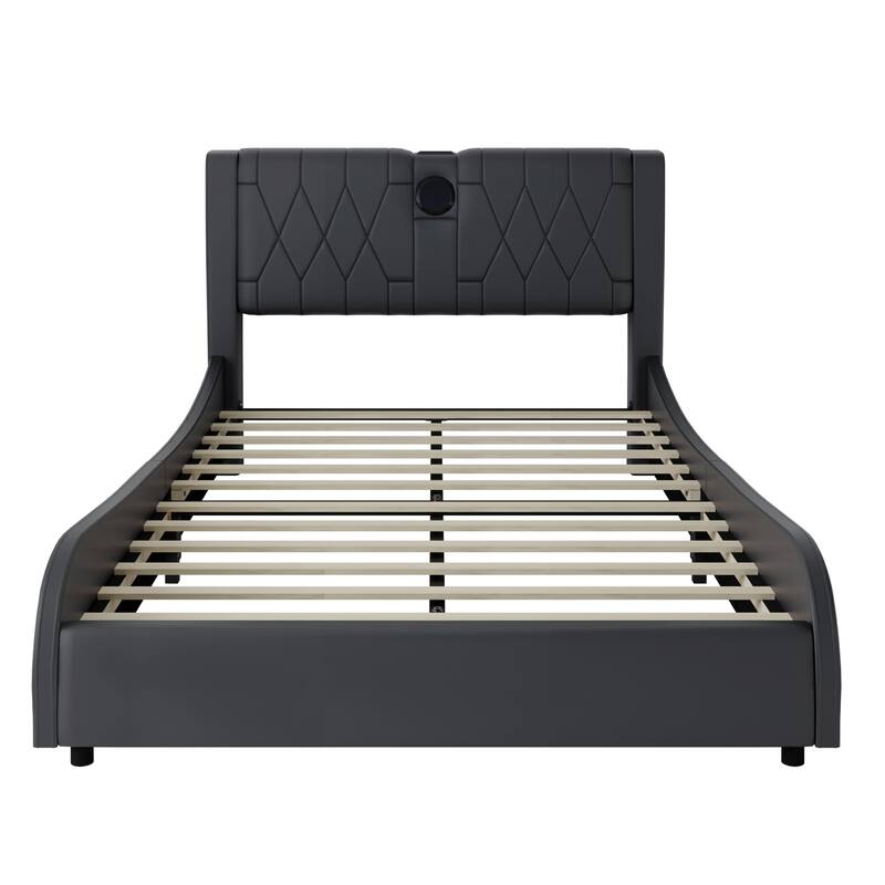 Full Size Luxurious Faux Leather Upholstered Platform Bed with Thickened Headboard, Bluetooth Speakers and RGB LED Light
