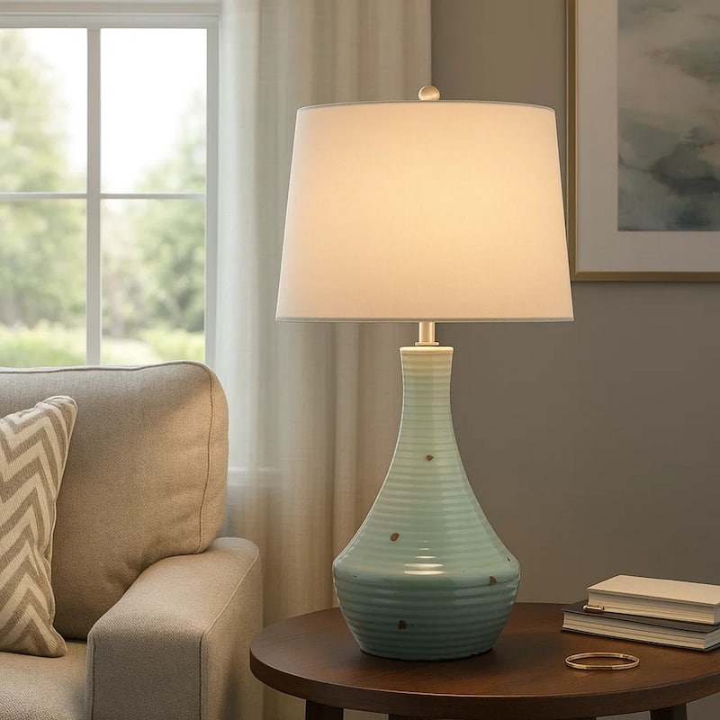 28 Inch Table Lamp with Clean Lines, Empire Shade, Ceramic, Teal Blue