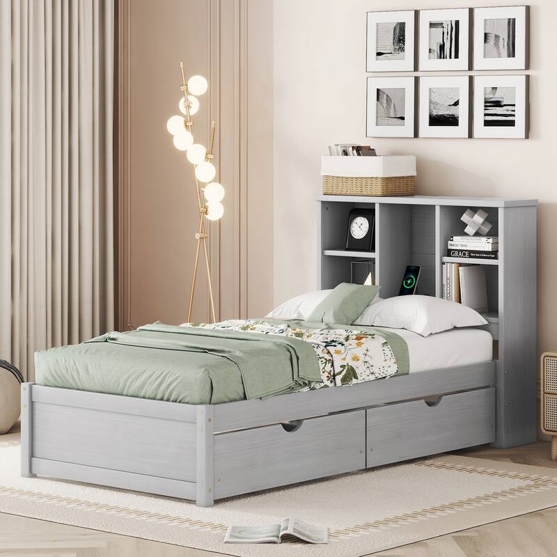 Modern Twin Size Bed Frame with USB Port, Bookcase Headboard, and 2 Drawers in Grey